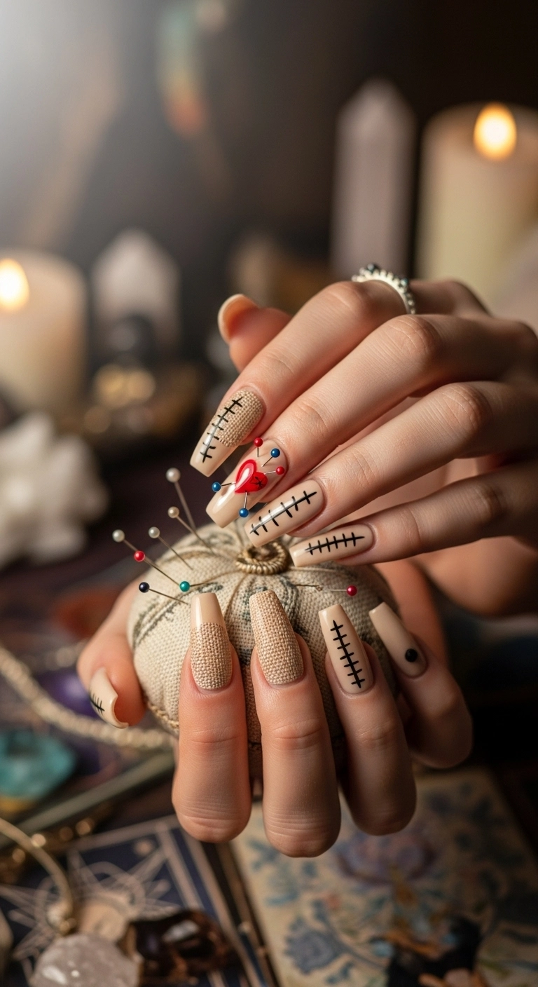 Woman's hands with voodoo doll-themed coffin nails featuring a textured base, heart, and stitches.