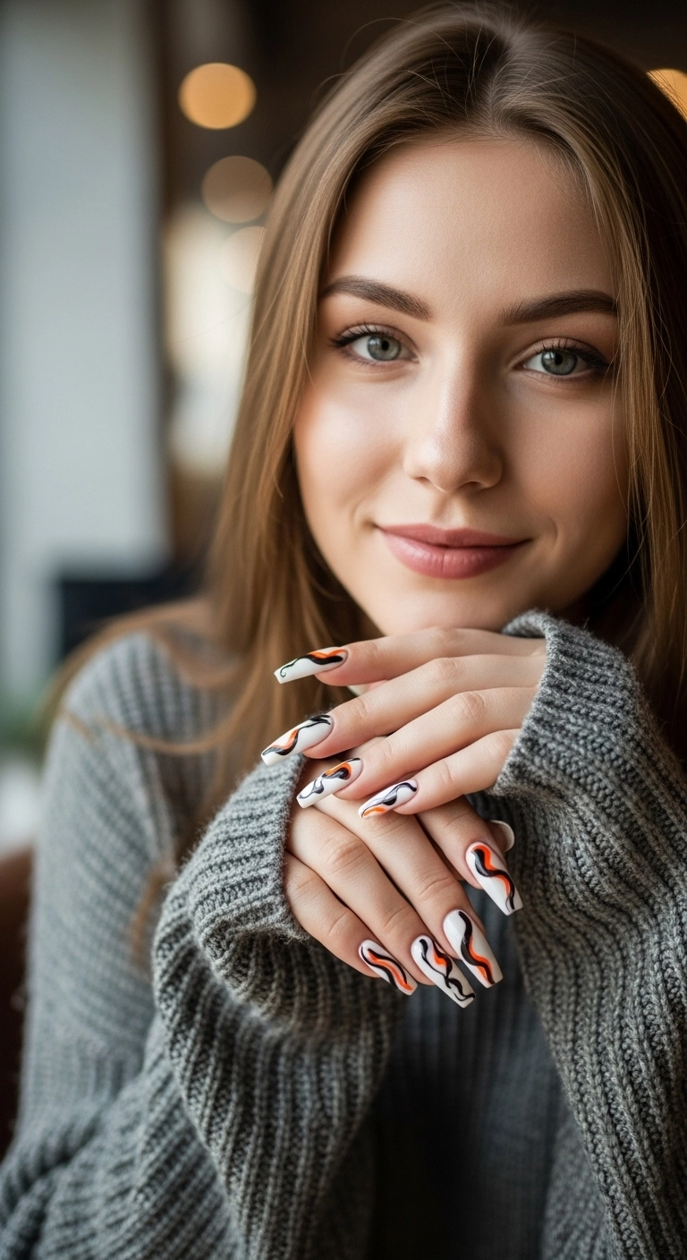 Woman with long coffin nails featuring a modern abstract design in black, white, and orange.