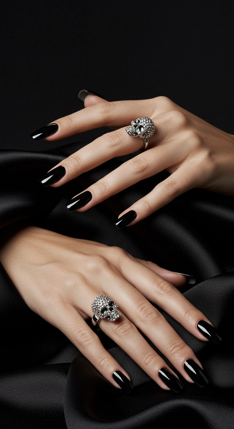 Woman's hand with glossy black coffin nails featuring an accent nail with a skull made of rhinestones.