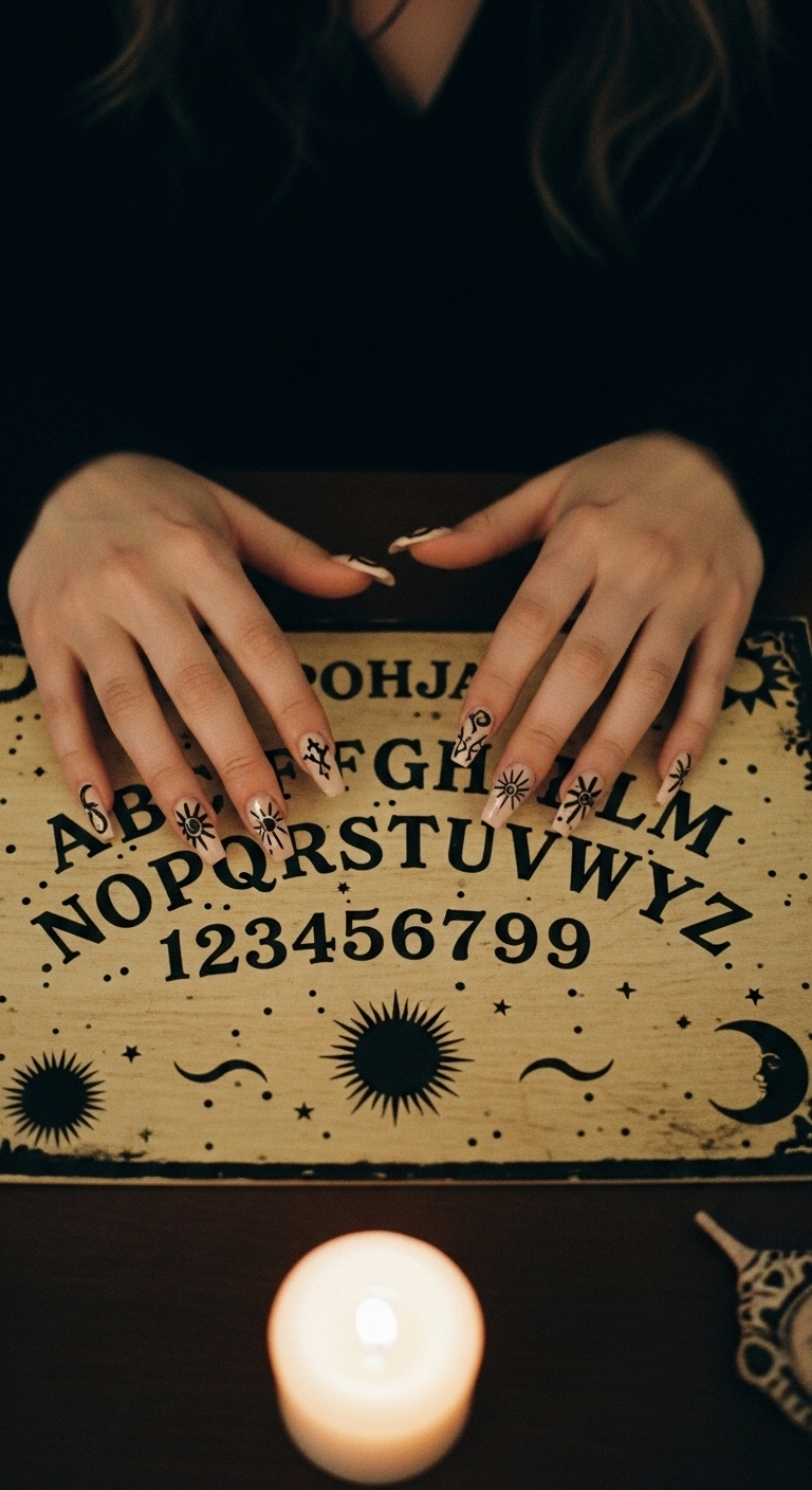 Woman's hands with coffin nails designed to look like a Ouija board, with letters and symbols.