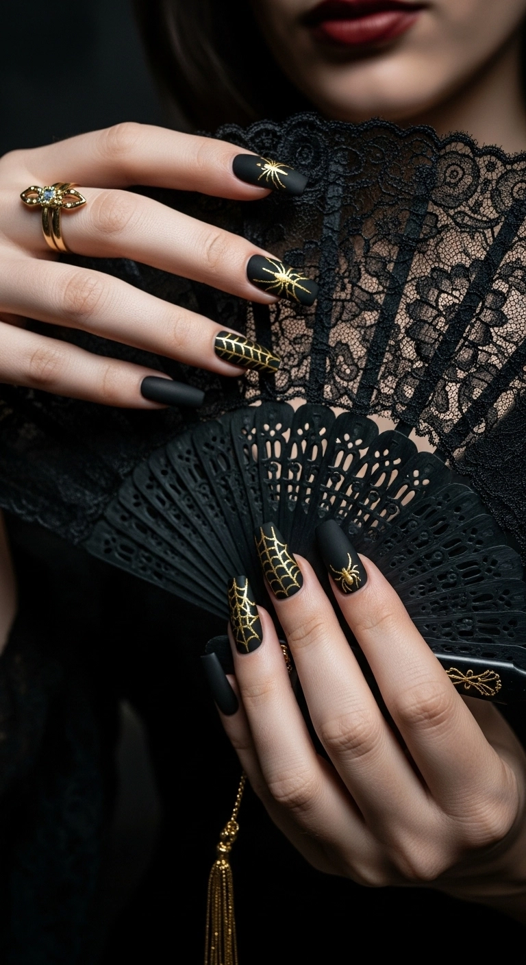Elegant matte black coffin nails with intricate gold spiderweb designs.