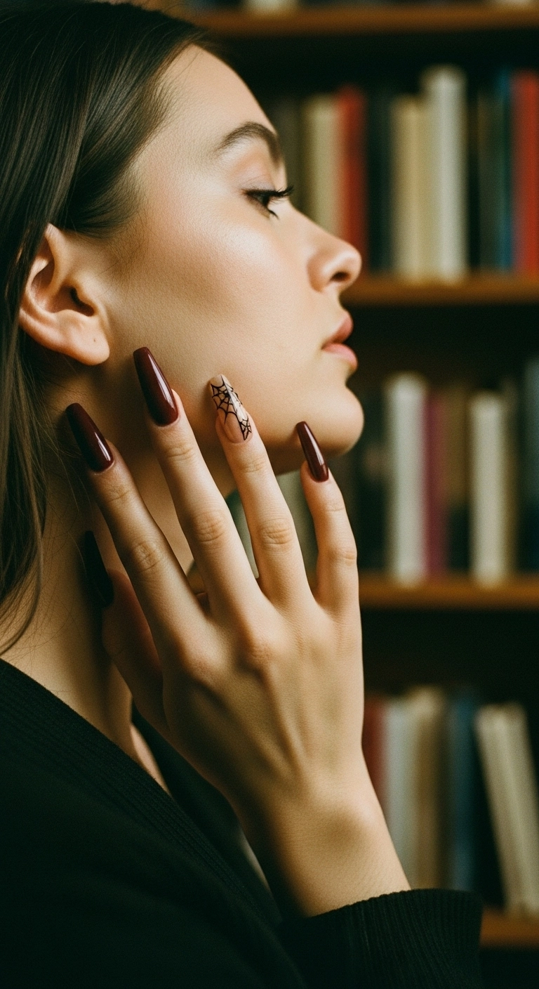Woman with deep burgundy coffin nails and a single accent nail with a 3D spiderweb design.
