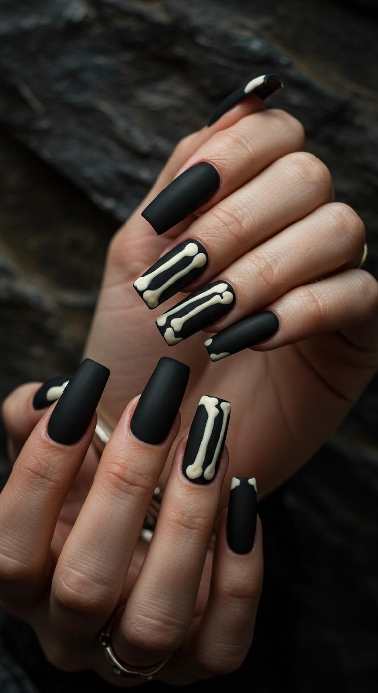 Woman's hands with matte black coffin nails that have tips painted to look like bones.