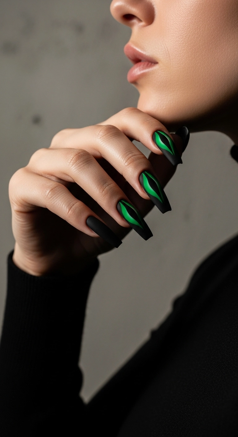 Woman's hand with matte black coffin nails featuring a sharp green cat-eye design.