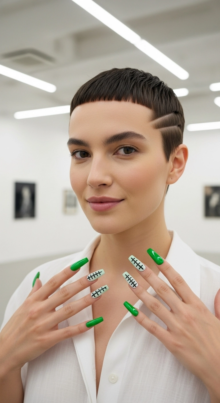 Woman showing off her Frankenstein-green coffin nails with black stitch details.