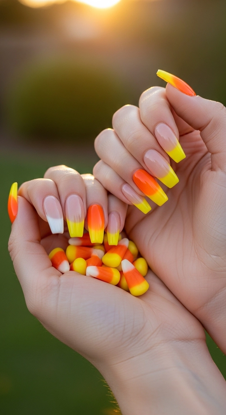 Woman's hands with glossy coffin nails featuring a candy corn ombré design.
