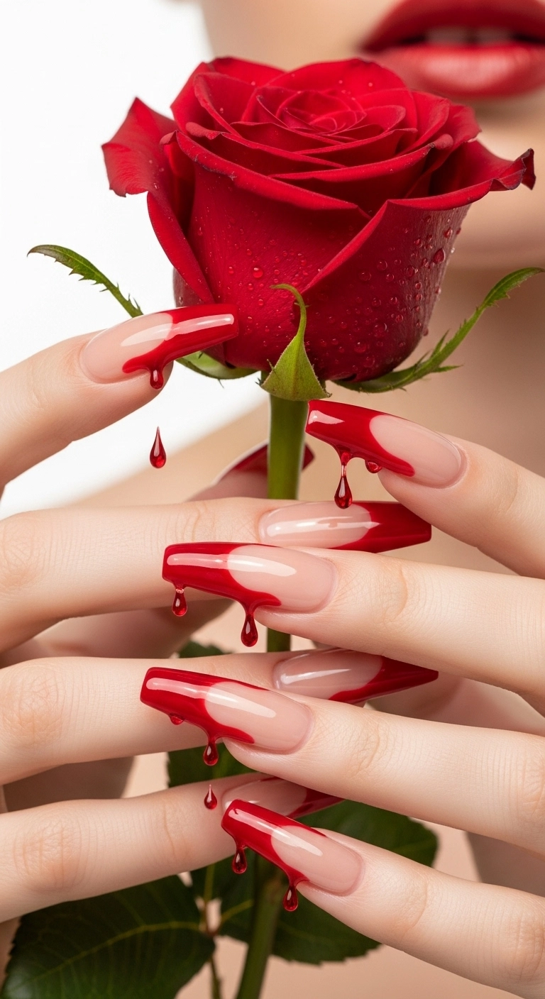 Long coffin nails with a nude base and realistic blood-red dripping French tips.