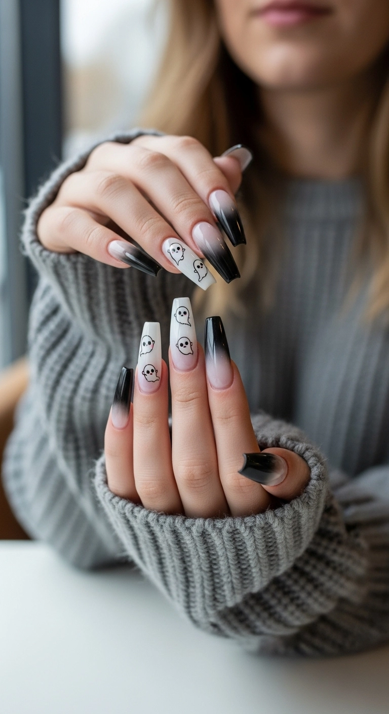 Extra-long coffin nails with a black to white ombré and tiny cute ghost designs.
