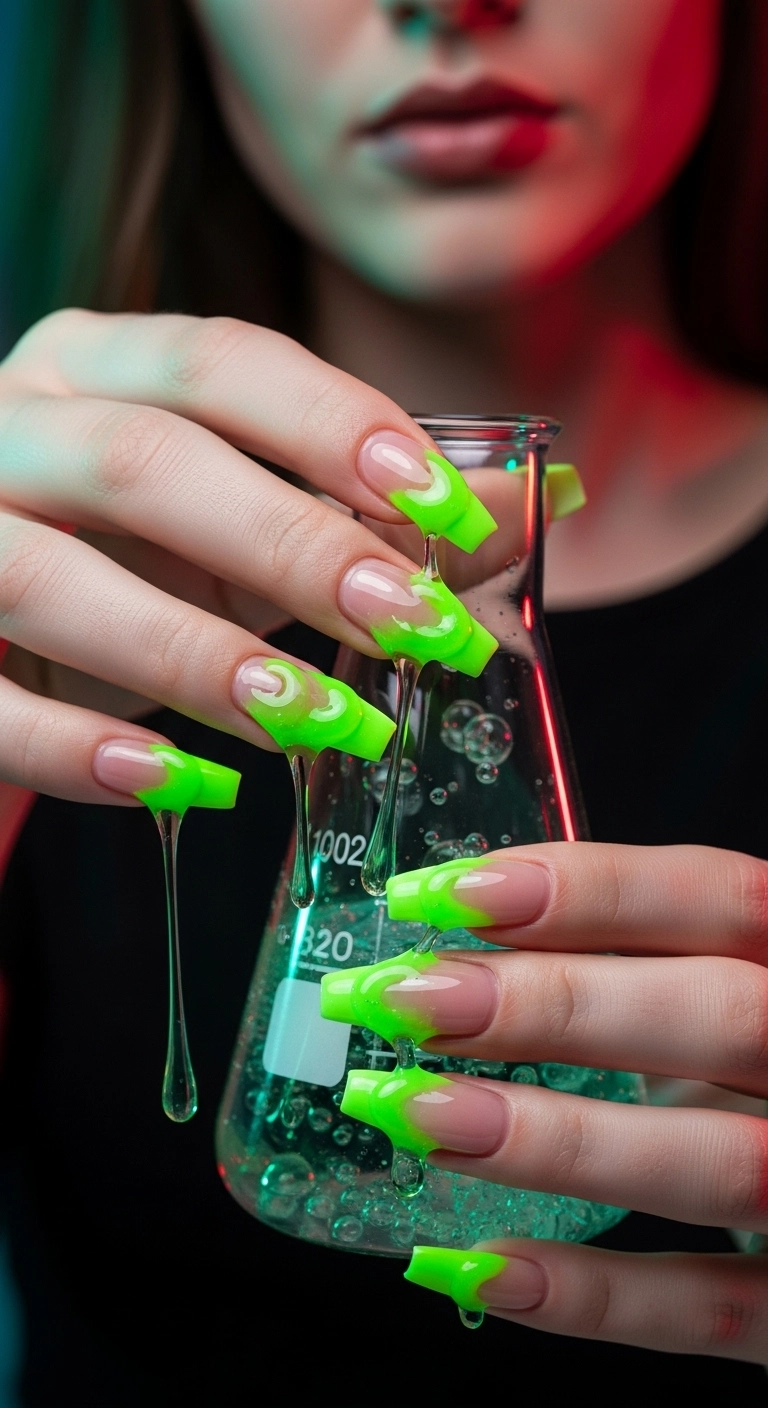 Woman's hands with coffin nails featuring realistic neon green slime drips.