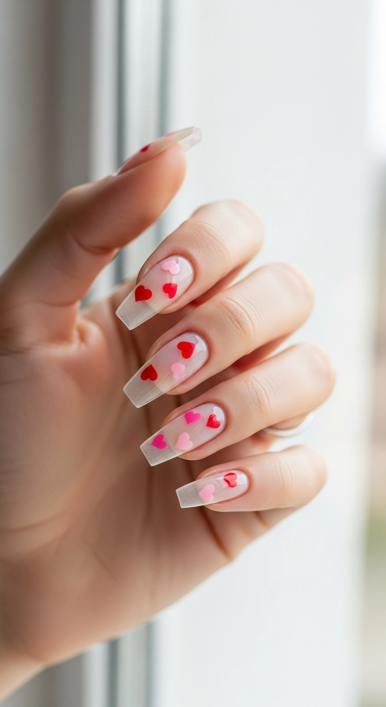Clear coffin nails with small red and pink hearts that look like they are floating.