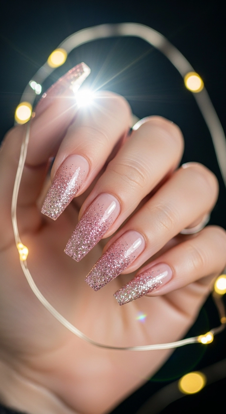 Long coffin nails with a nude to pink glitter ombré design.