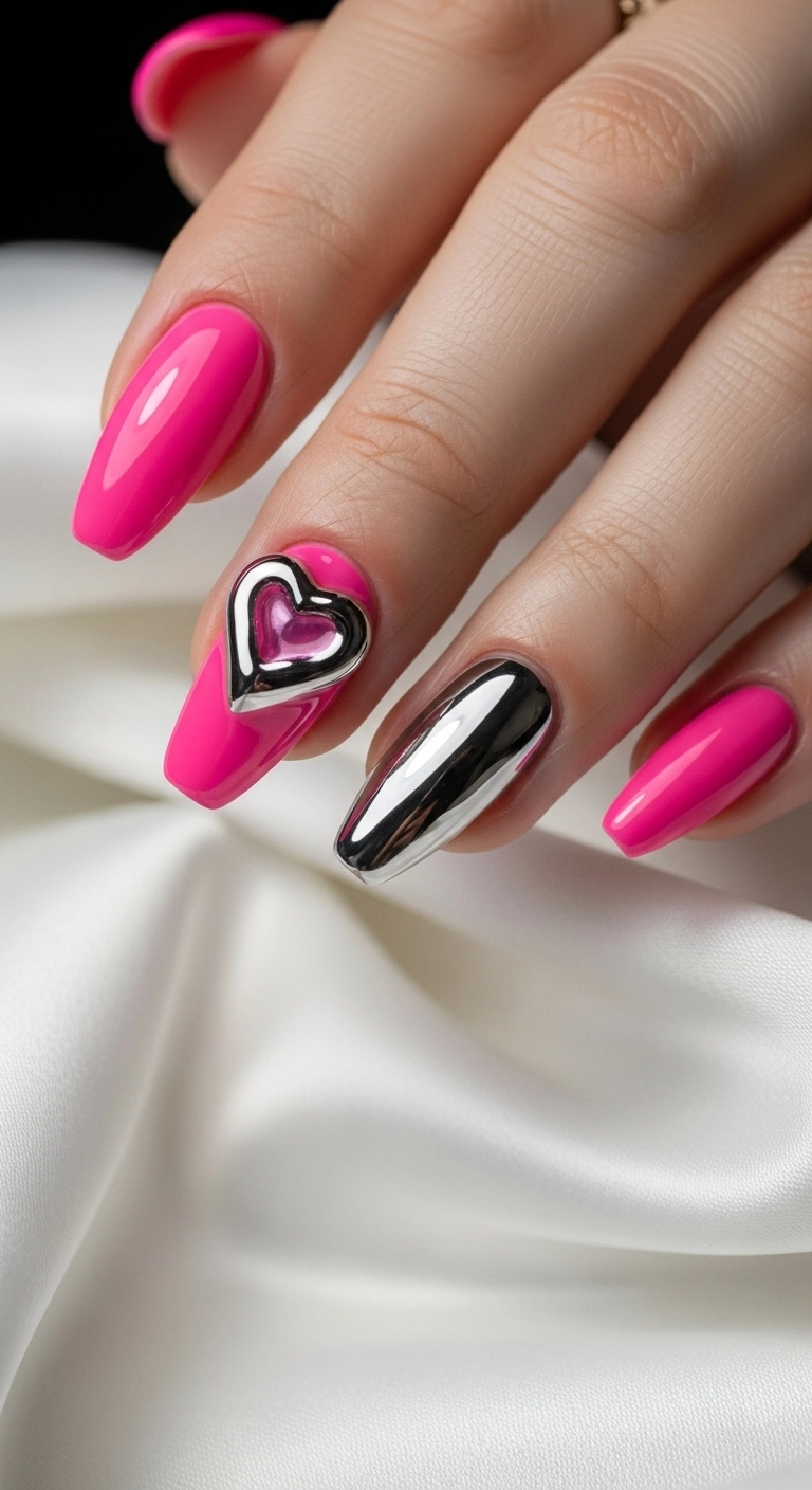 Hot pink almond-shaped nails with a 3D silver-pink chrome heart on the ring finger.