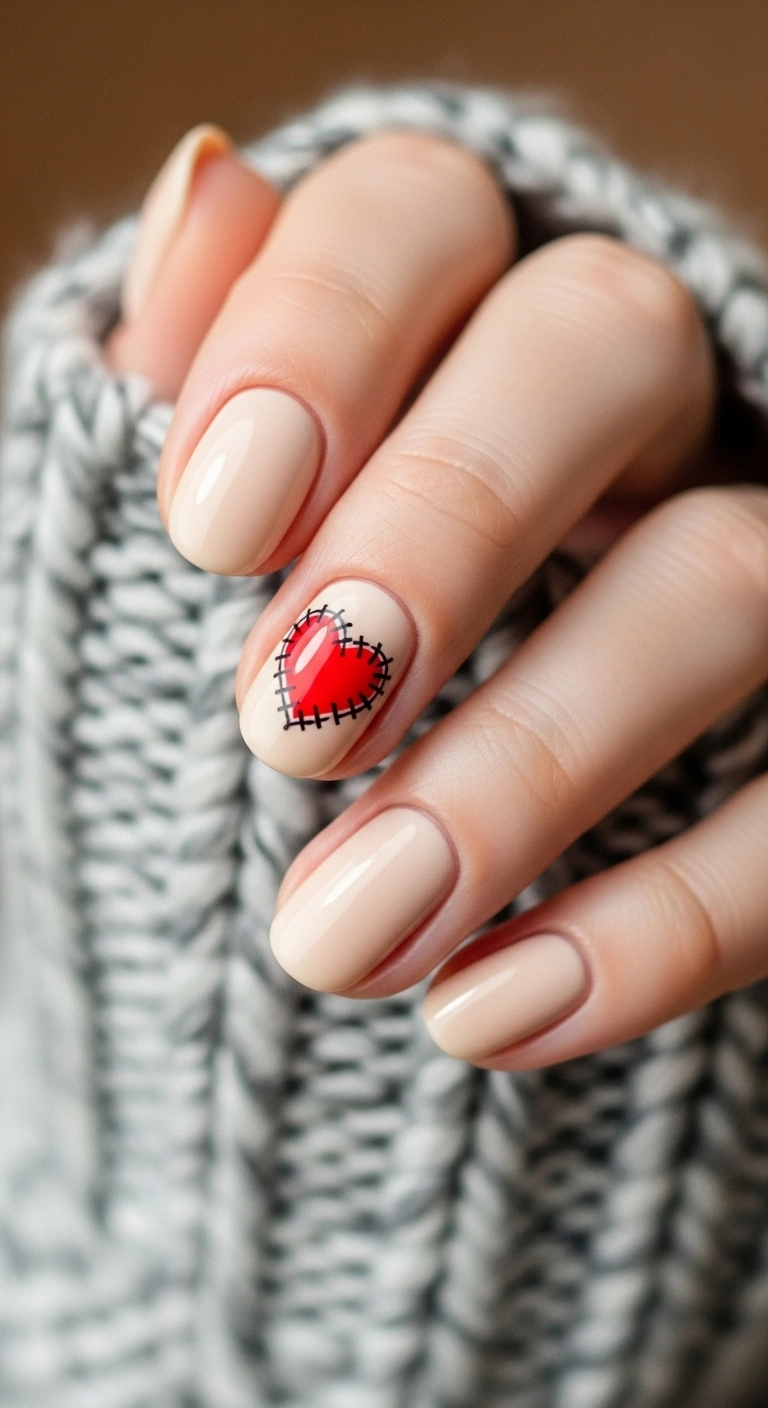Nude nails with a small red heart accent that has black 'stitches' around it.