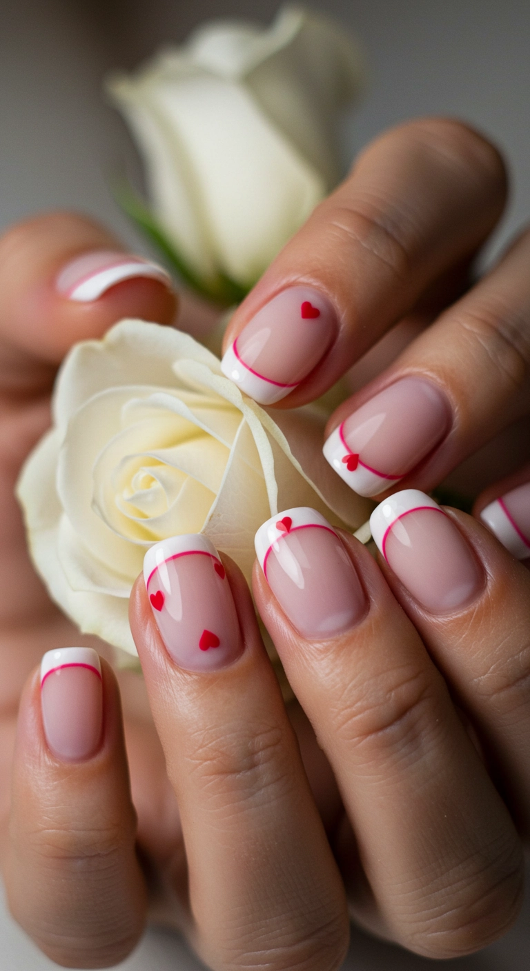 Close-up of a minimalist Valentine's Day manicure with tiny red hearts on the tips of short, nude nails.