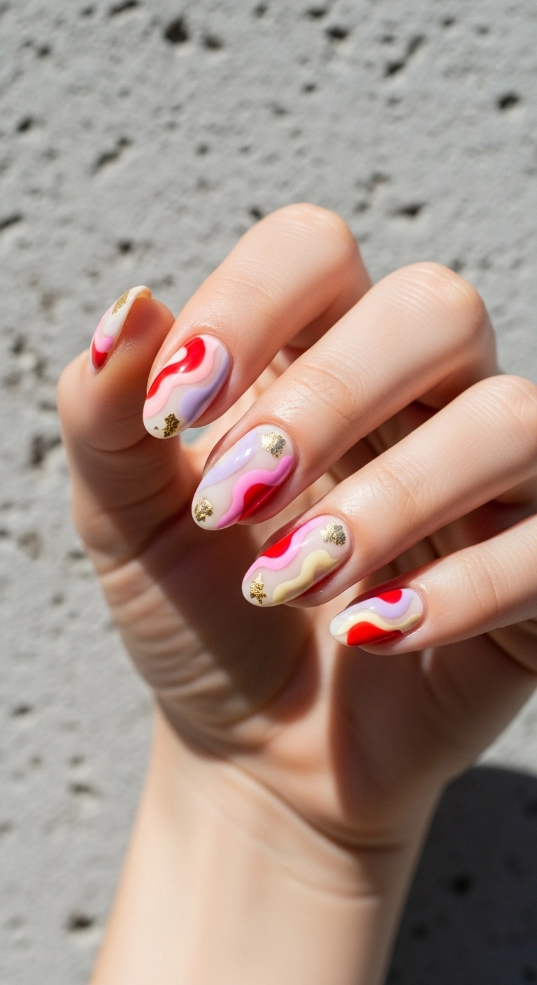 Oval nails with an abstract swirl design in pink, red, lavender, and gold foil.