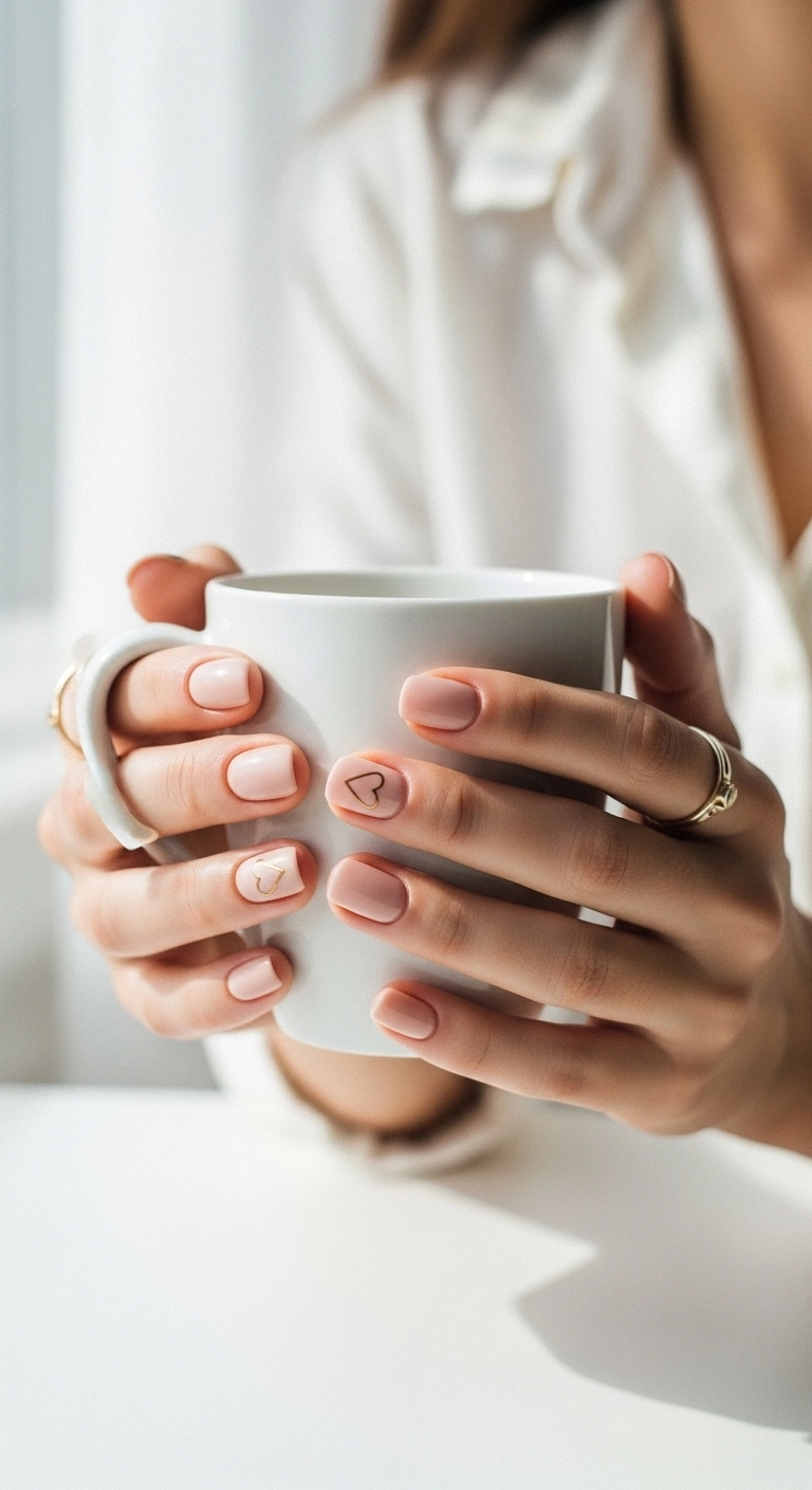 Short matte nude nails with a delicate gold heart outline on the ring finger.