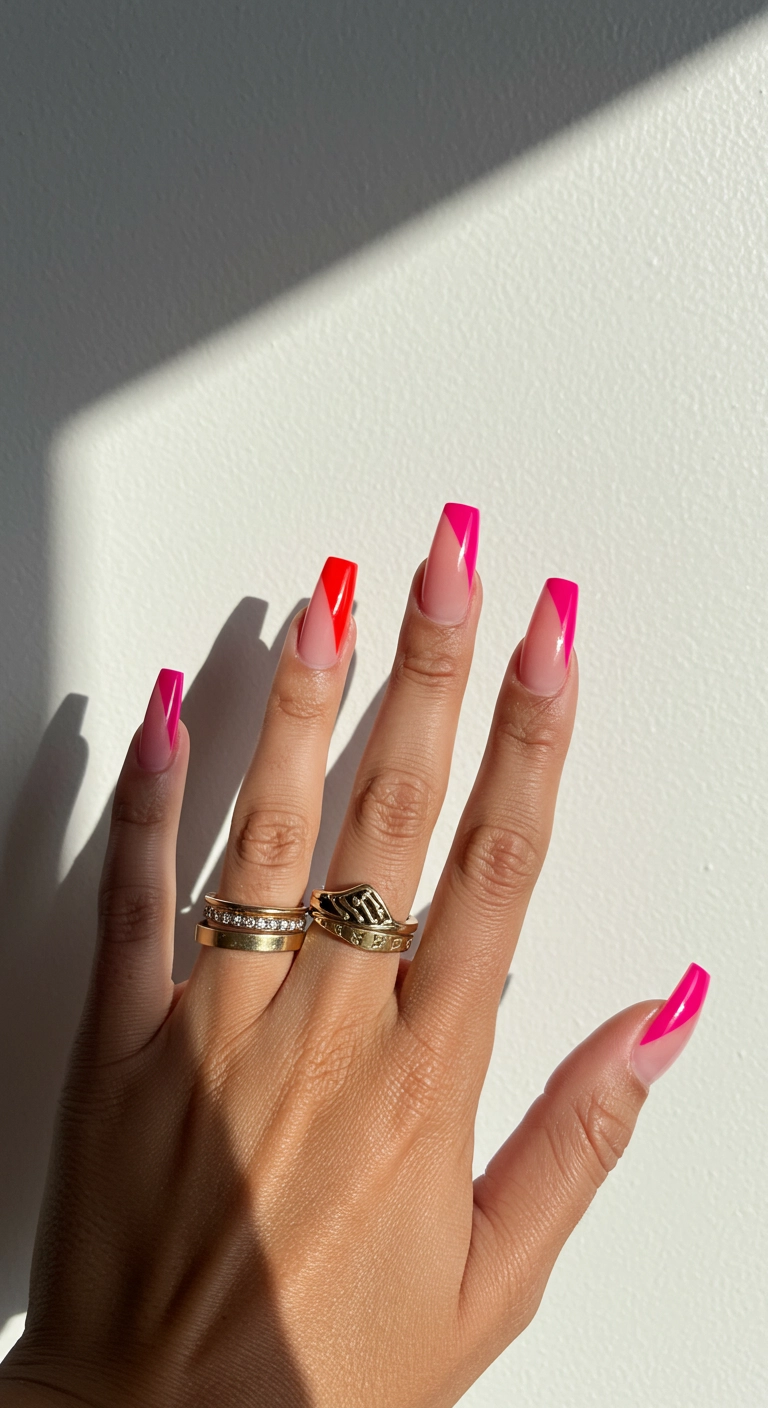 Long square nails with a diagonal color block design in hot pink and red.