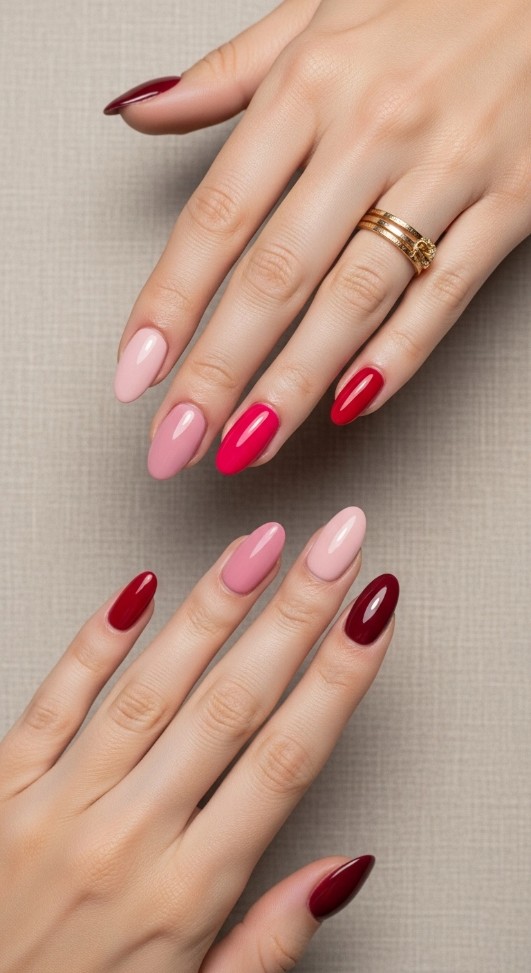 Mismatched nails with each finger painted a different shade of pink and red.