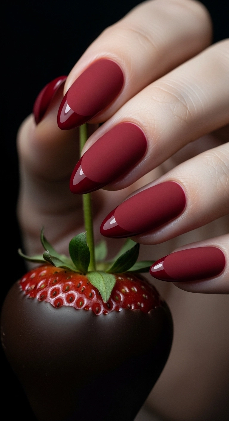 Matte red almond nails with a glossy red French tip.