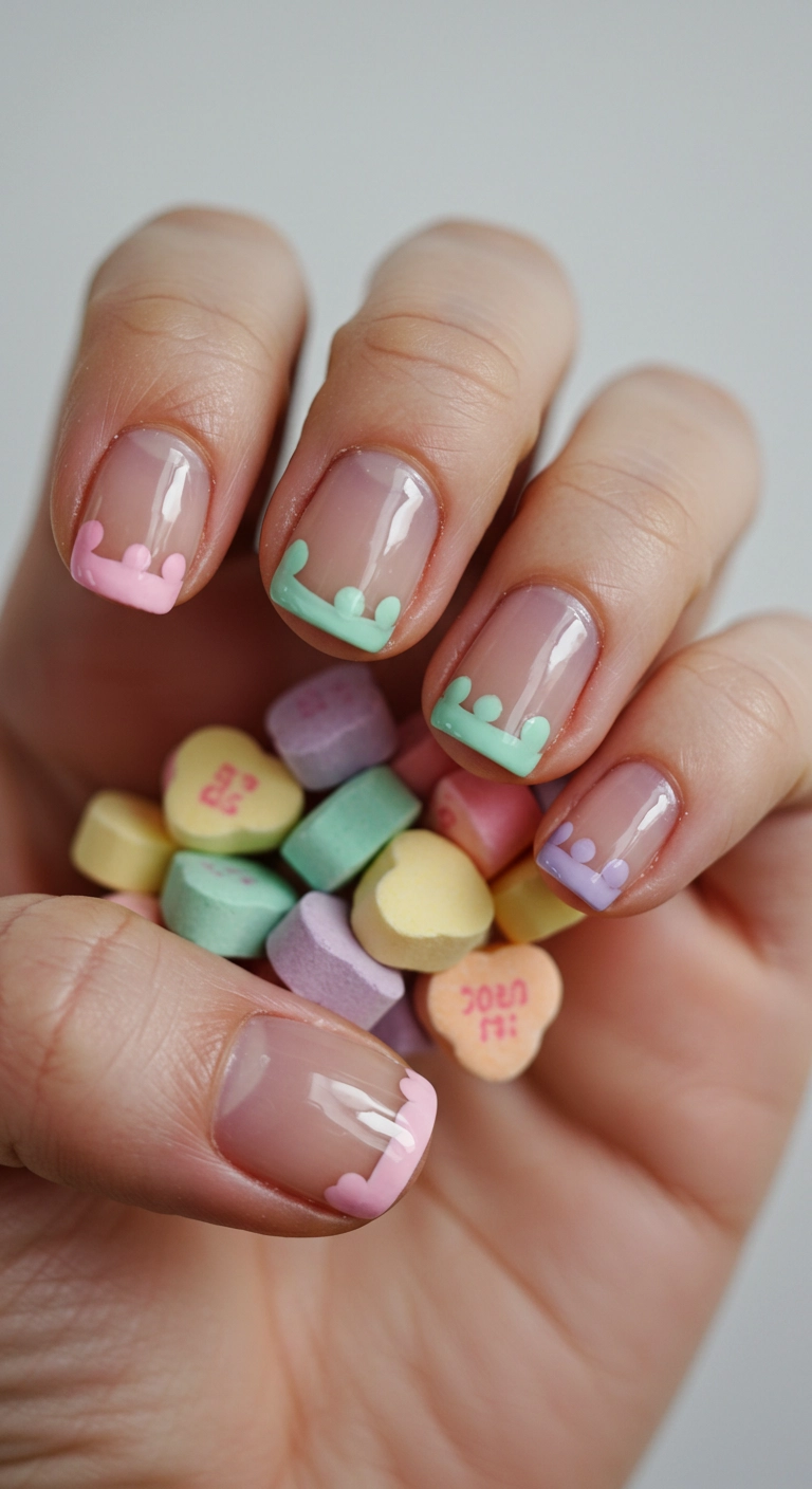 Short natural nails with a single pastel dot at the base of each nail.