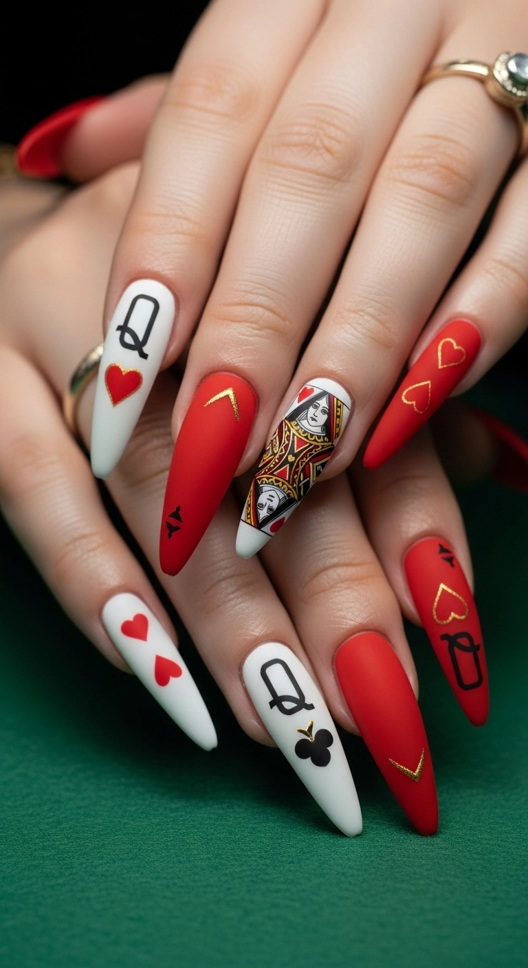 Stiletto nails with a detailed Queen of Hearts playing card nail art design.
