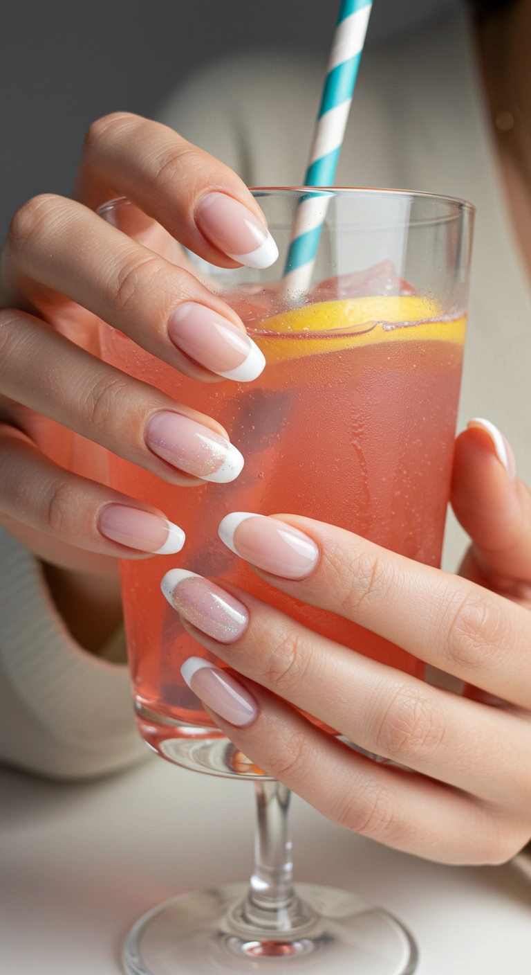 Almond nails with a French manicure featuring frosted, shimmery baby pink tips.