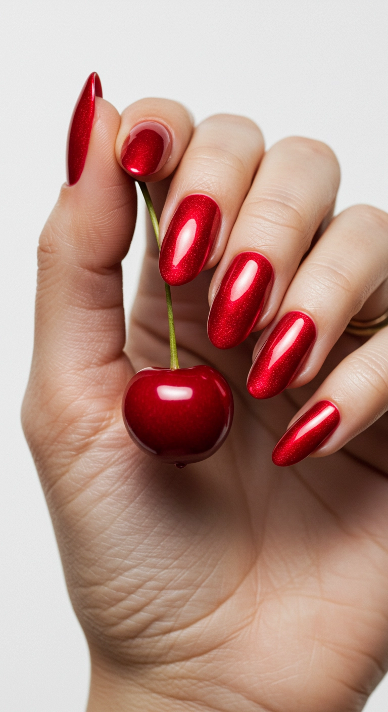 Almond-shaped nails with a glossy, cherry red glazed donut chrome finish.