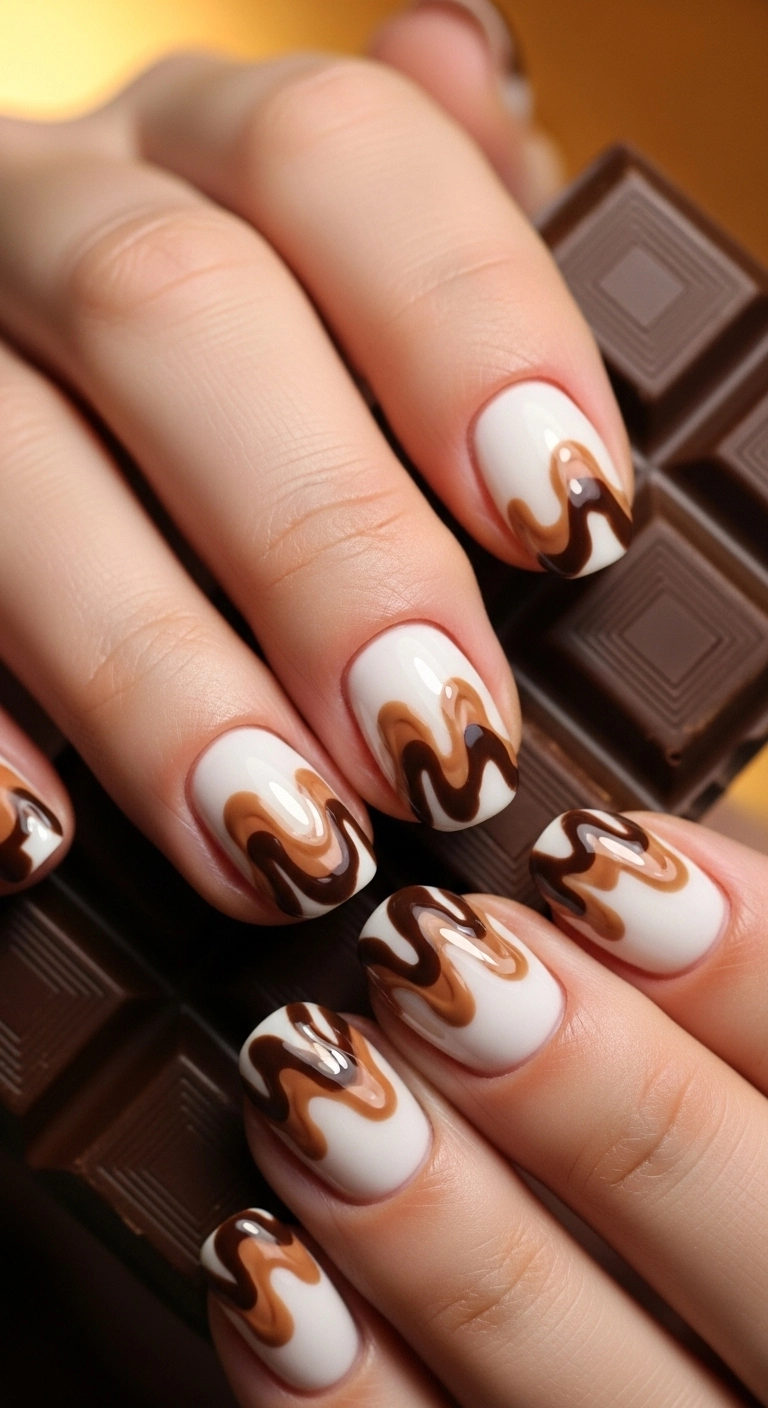 Round nails with a realistic milk and dark chocolate swirl nail art design.