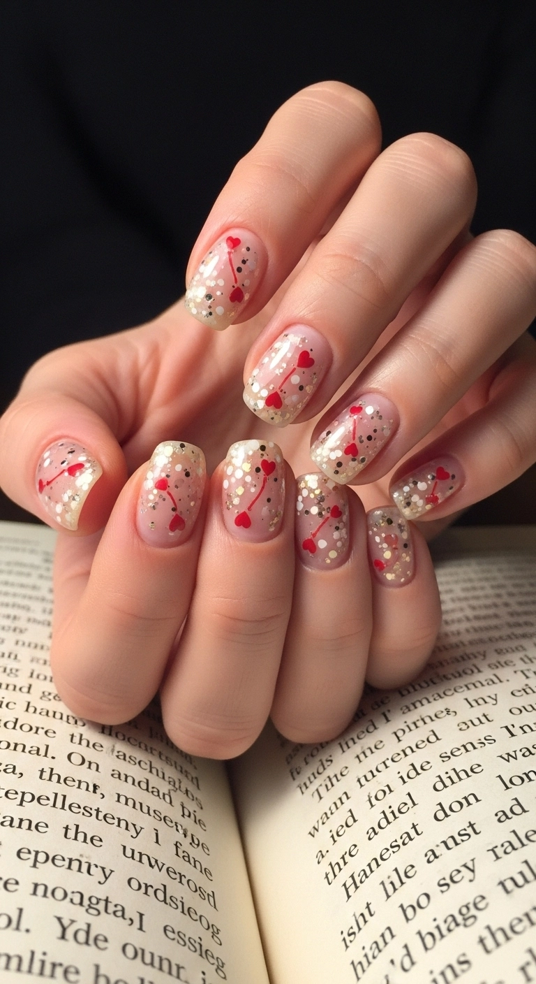 Short nude nails decorated with tiny red hearts and glitter, resembling constellations.
