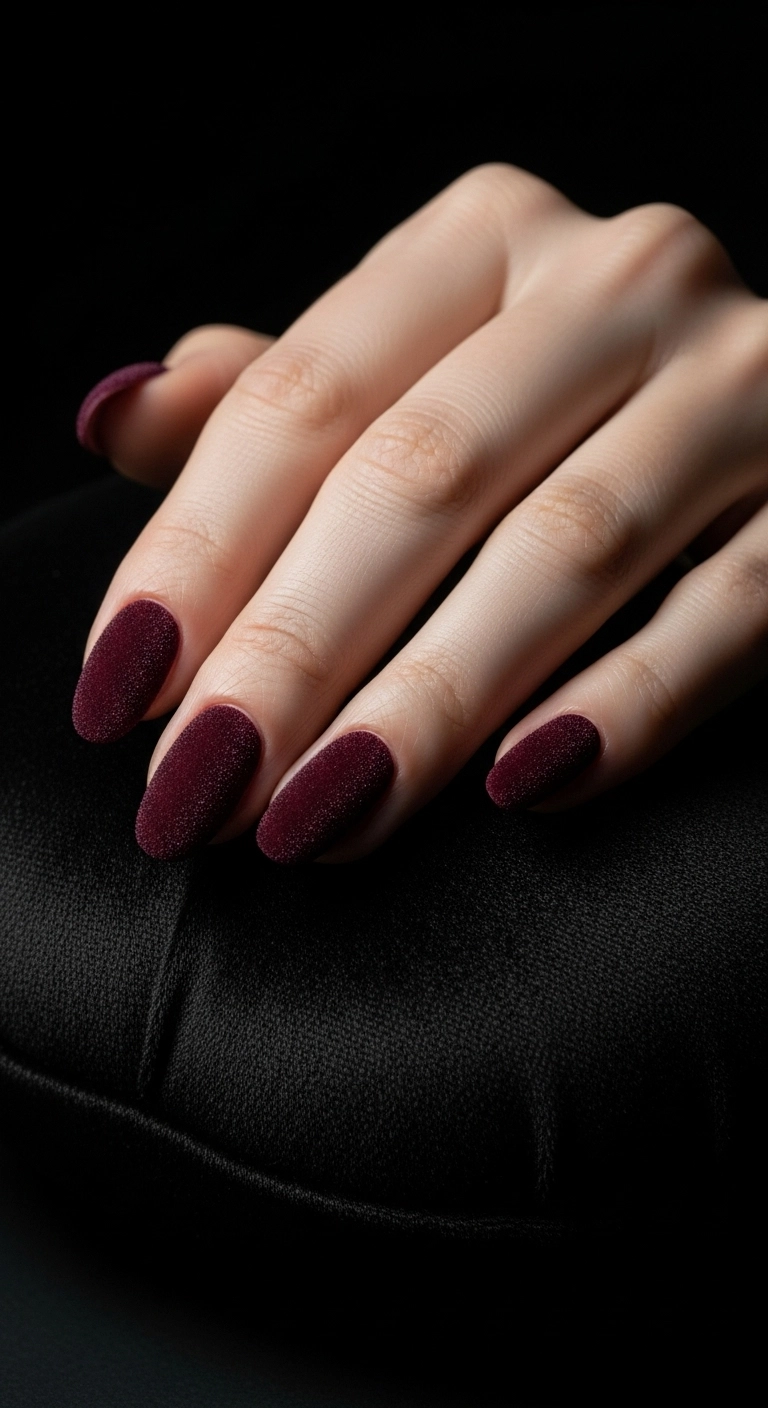 Deep red oval nails with a textured velvet effect finish.