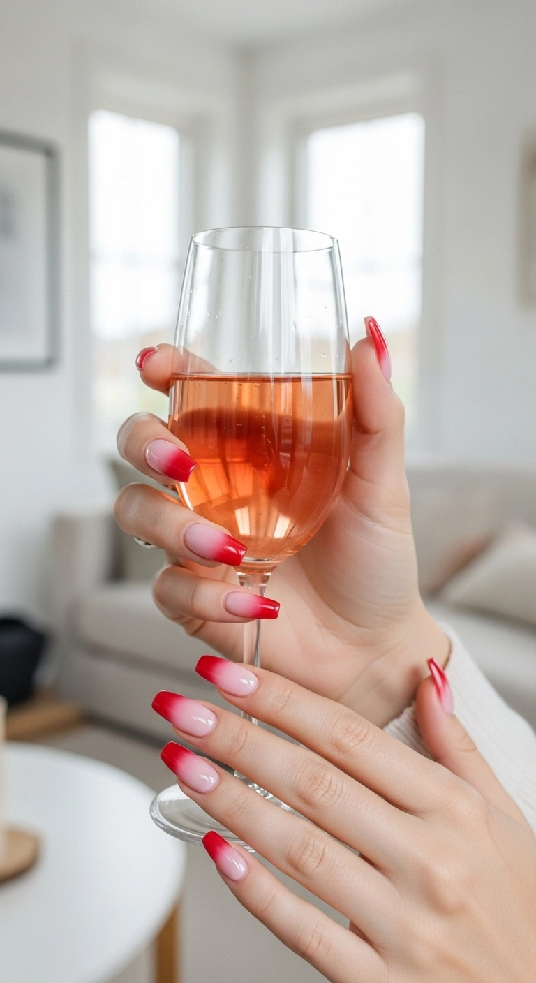 Long coffin nails with a pink-to-red ombré design.