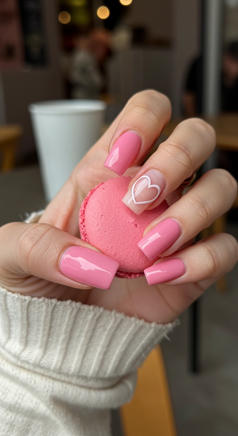 Pink square nails with a negative space heart-shaped cutout on the ring finger.