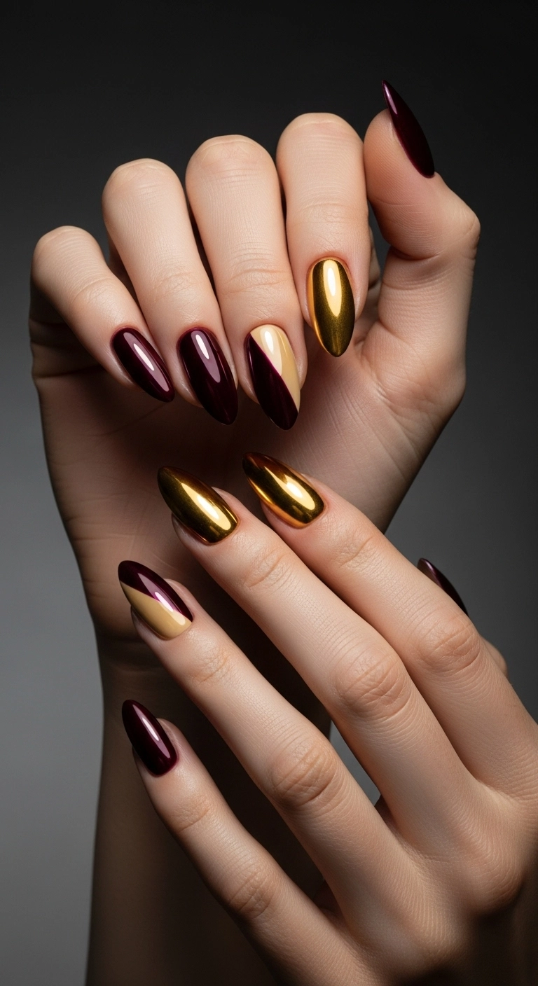 Almond nails with a two-tone design of burgundy and gold chrome.