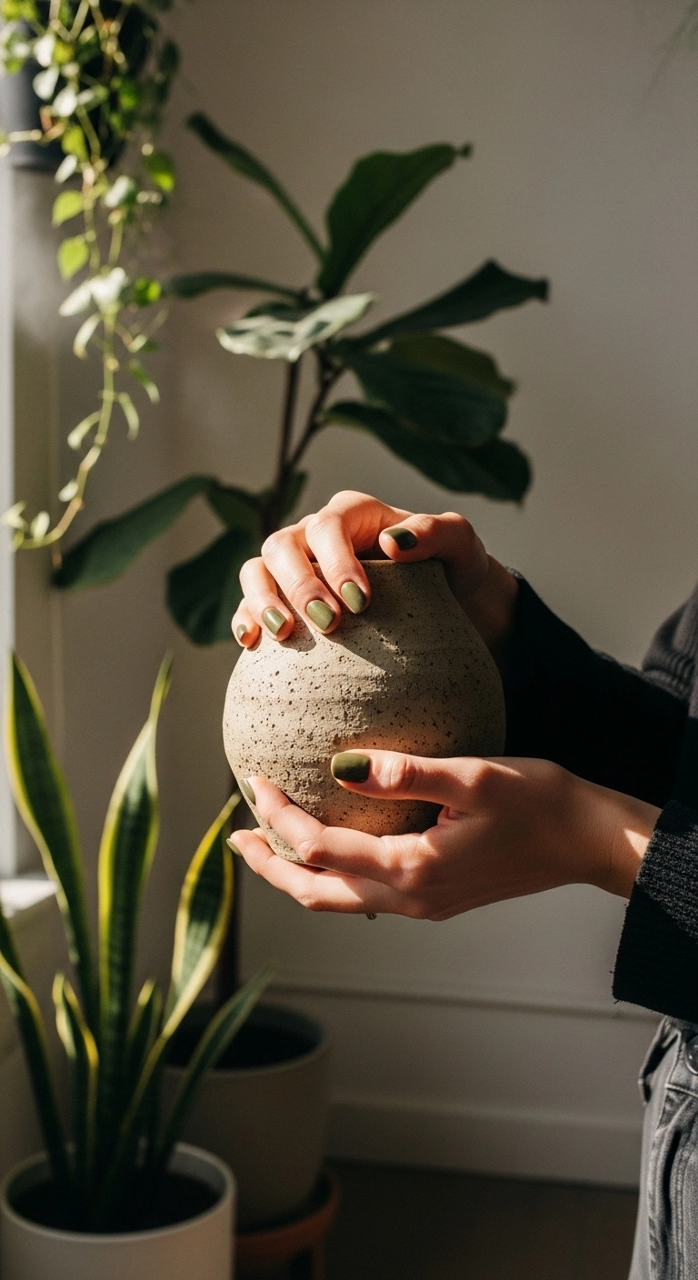 Woman's hands with olive green chrome nails holding pottery.