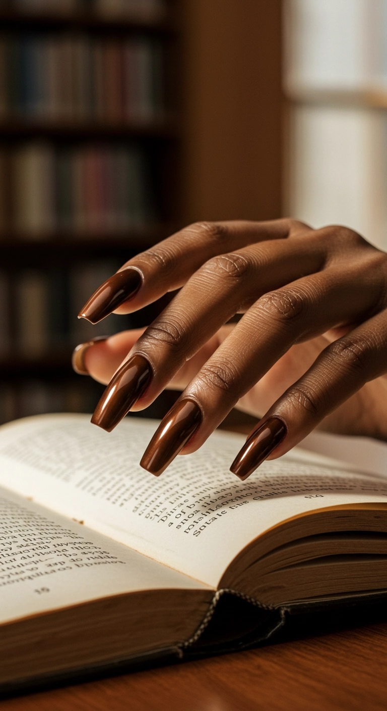 A Black woman's hands with long, chocolate brown chrome nails resting on a book.