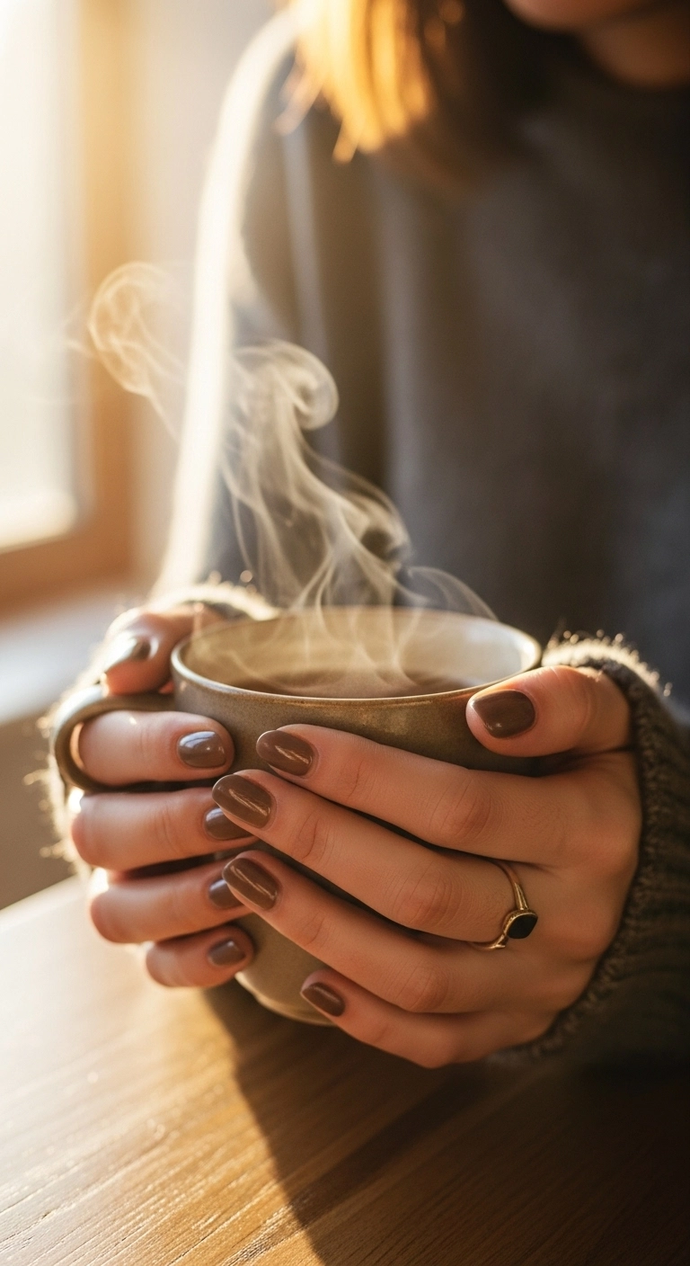 Short nails with a smoky quartz chrome polish holding a mug of tea.