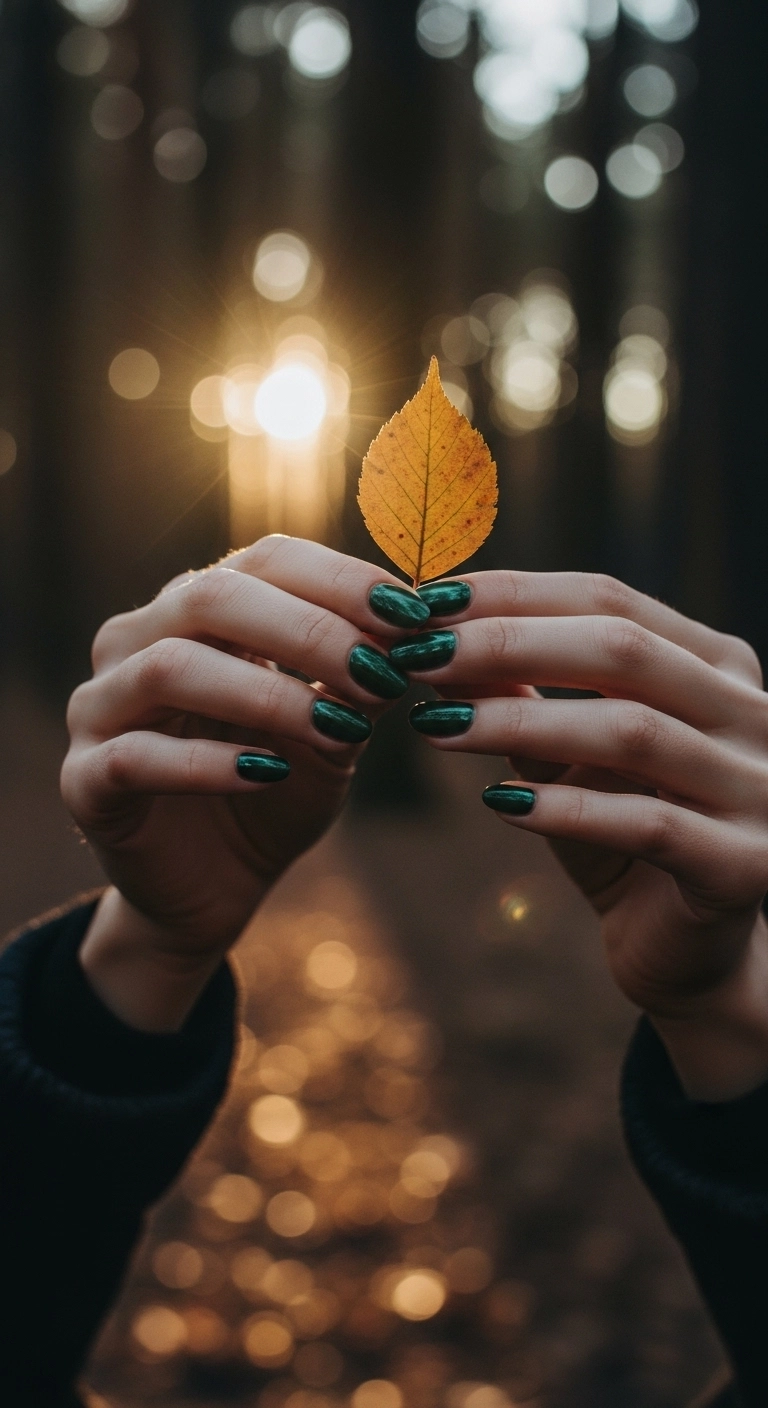 Woman's hands with forest green chrome nails holding an autumn leaf.