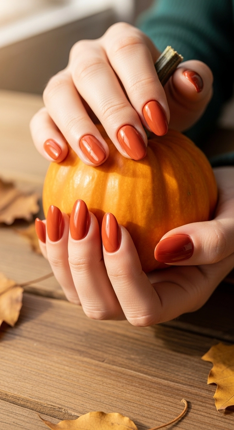 Hands with burnt orange chrome nails holding a small pumpkin.