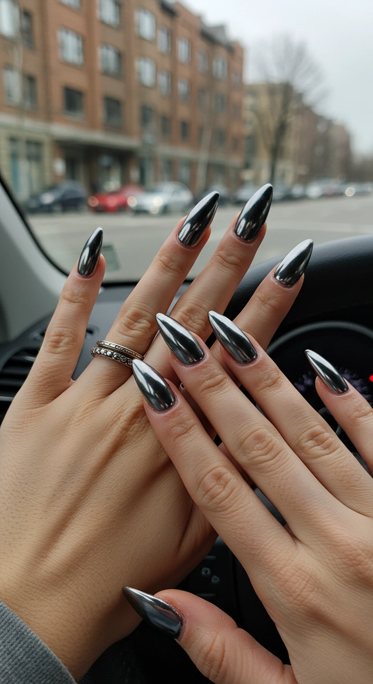 Woman's hands with gunmetal gray chrome nails on a steering wheel.