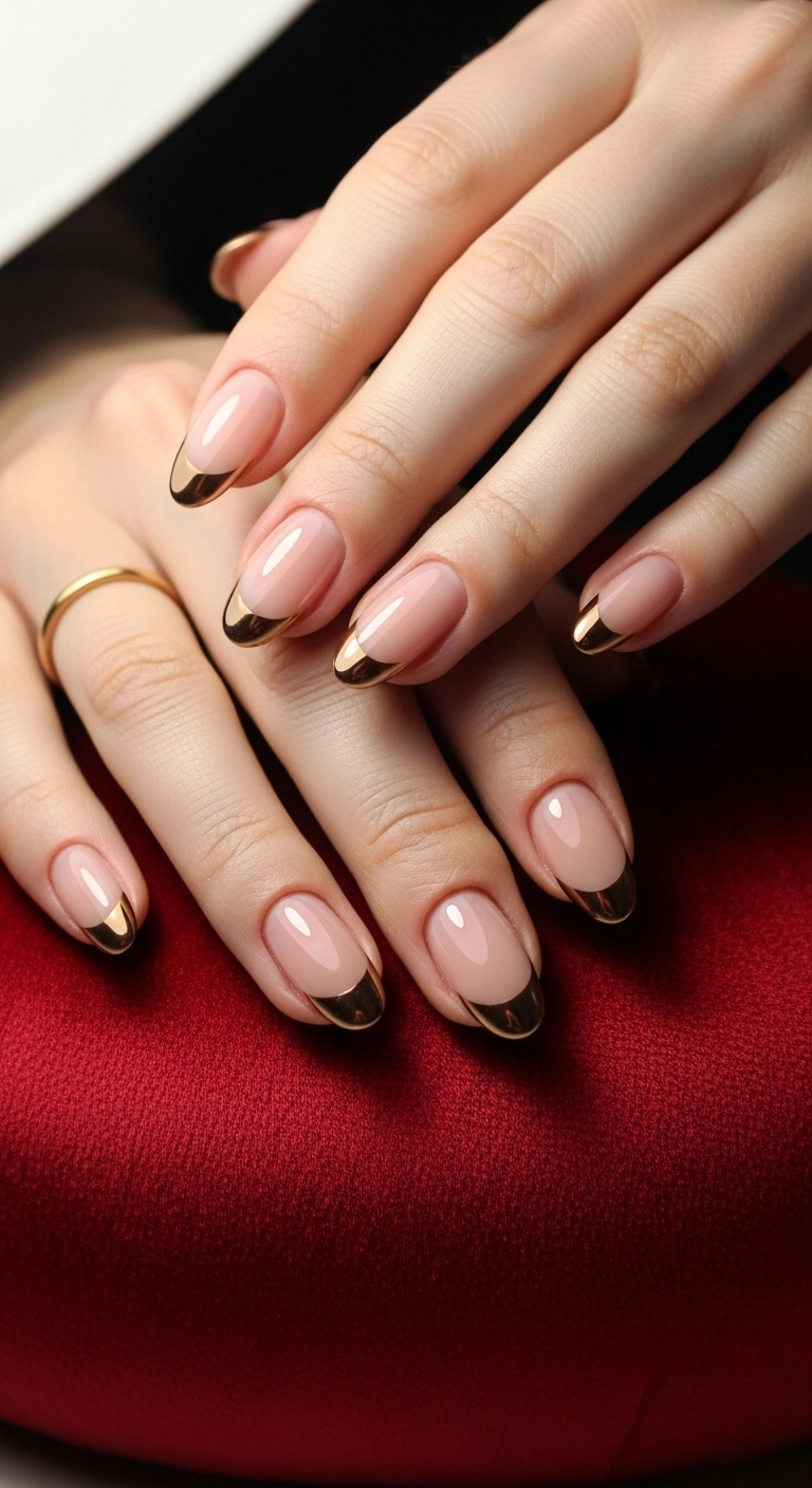 A modern French manicure with a nude base and bronze chrome tips.