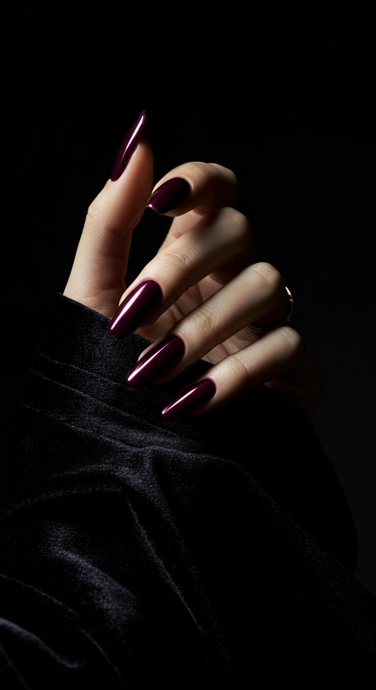 Coffin nails in a deep aubergine chrome color resting on velvet.