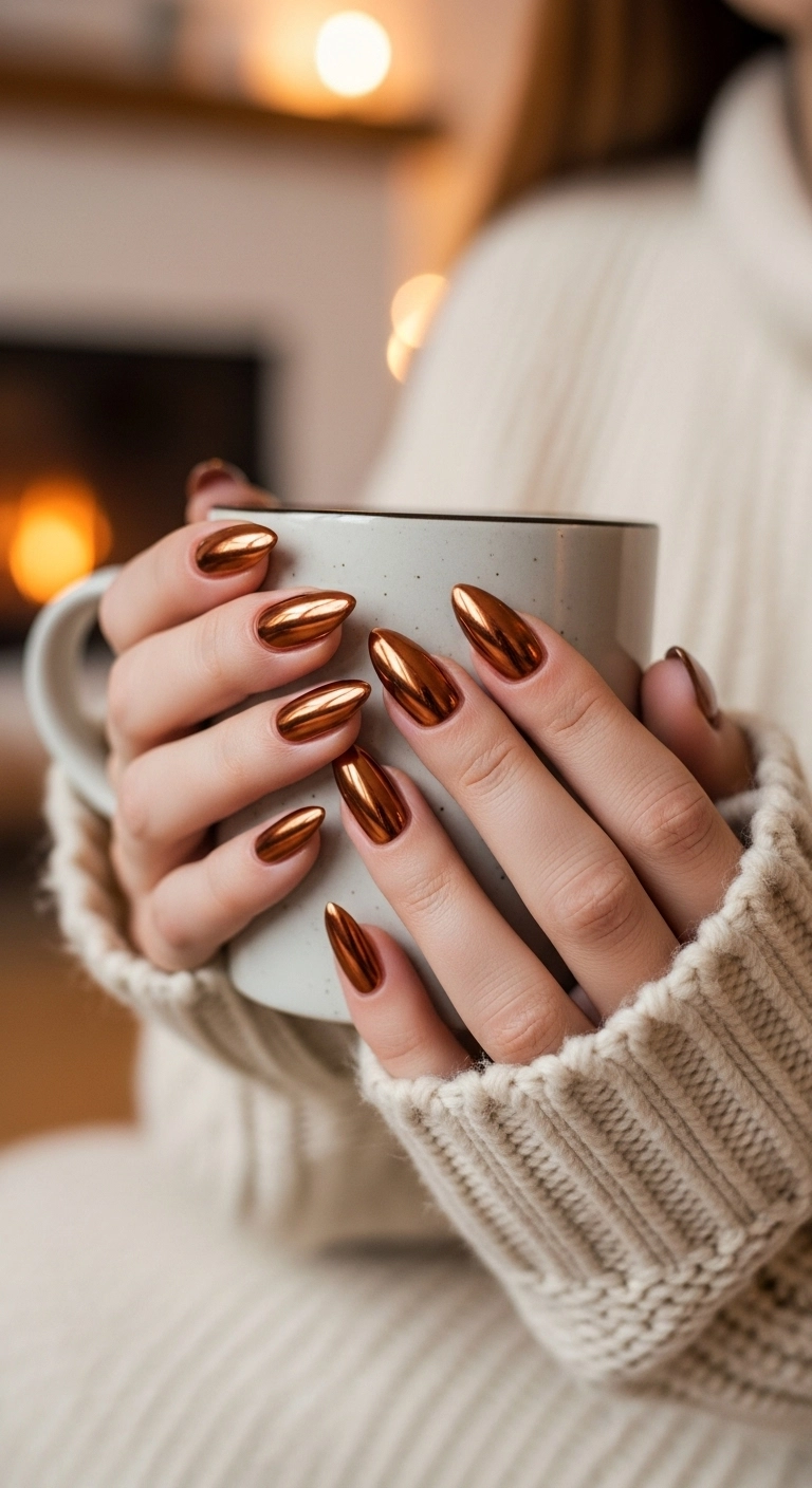 Close-up of hands with molten copper chrome nails holding a ceramic mug.