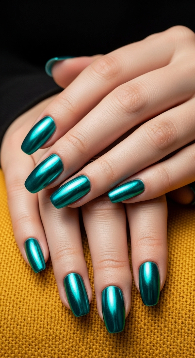 Hands with striking teal chrome nails resting on mustard-yellow fabric.