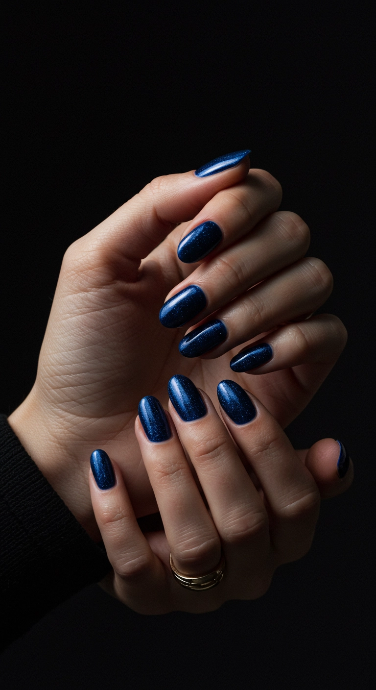 Close-up of hands with deep midnight blue chrome nails.