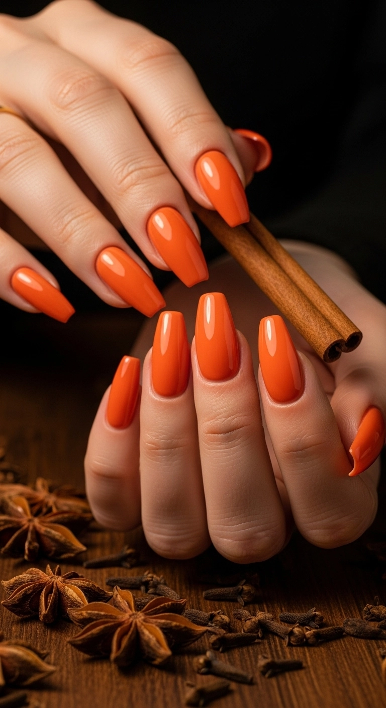 Long coffin nails in a spicy pumpkin orange chrome color.