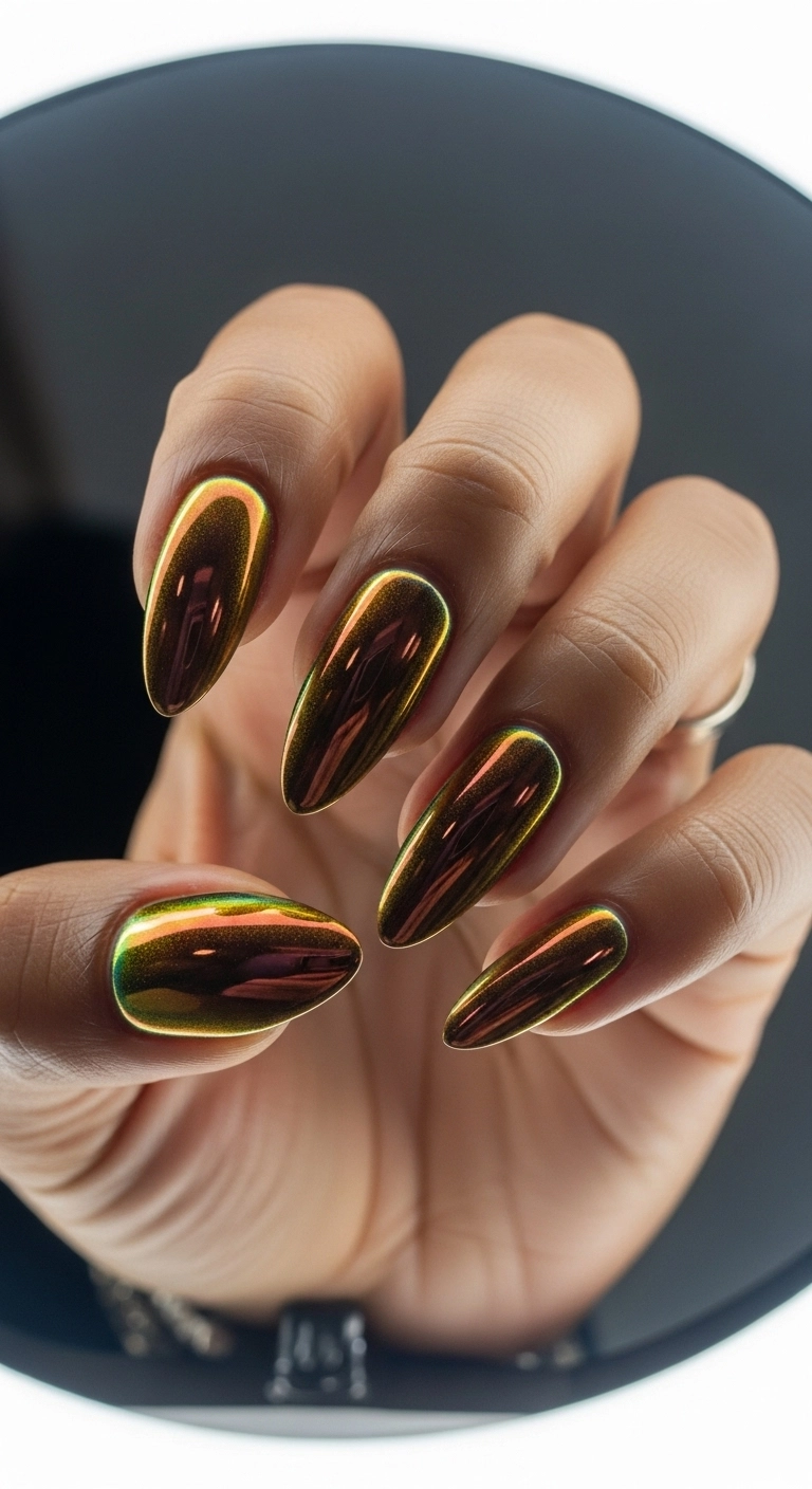 Close-up of a holographic brown chrome polish showing a rainbow shift.