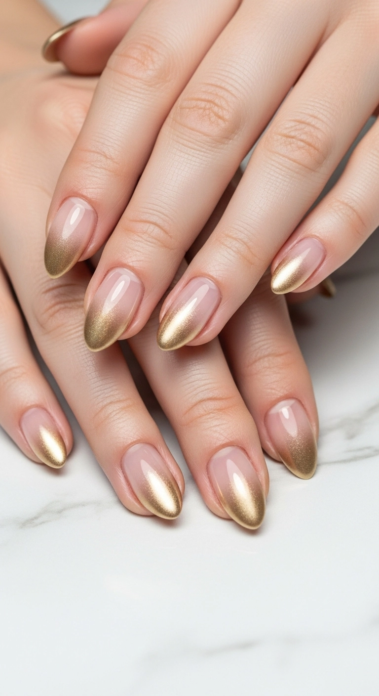 Almond nails with a nude to gold chrome ombré effect.