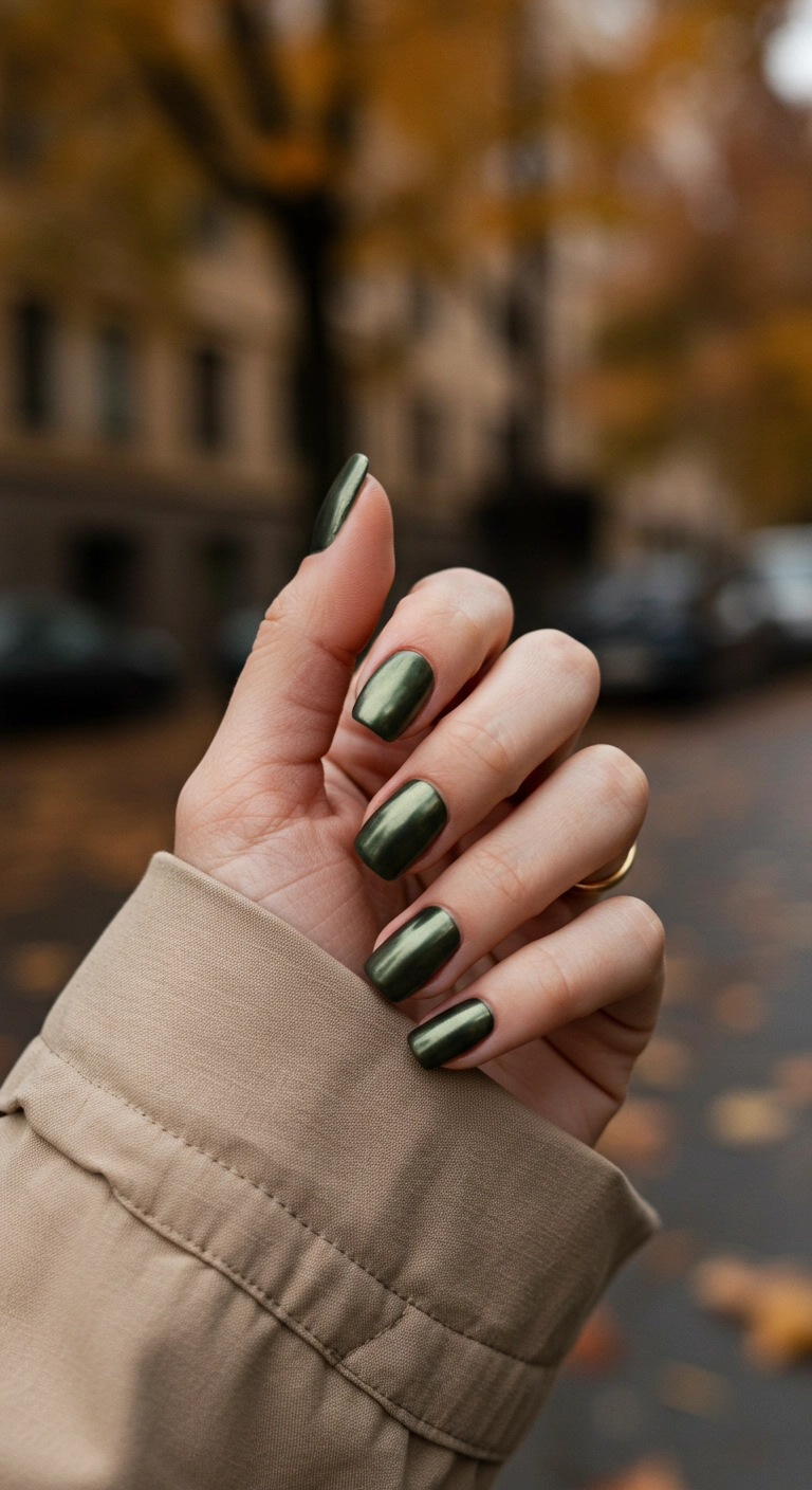 Woman's hands with matte khaki chrome nails on a trench coat.