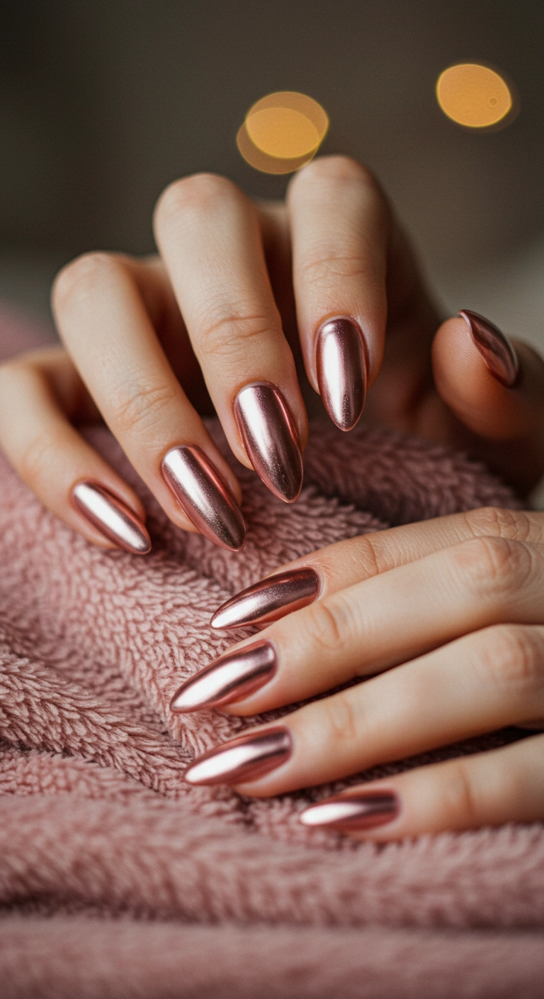 Delicate hands with long rose gold chrome nails on a pink blanket.