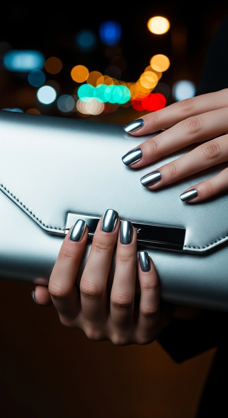 Short nails with a mirror-like platinum silver chrome polish.
